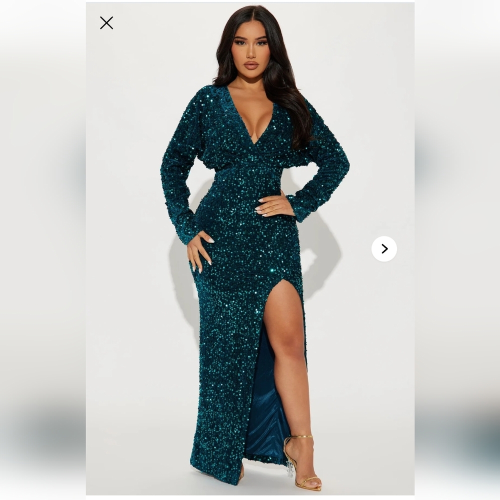 Nwt 3X Fashion Nova Teal Sequin Long Sleeve Dress Very Sexy Strechy Run 2X